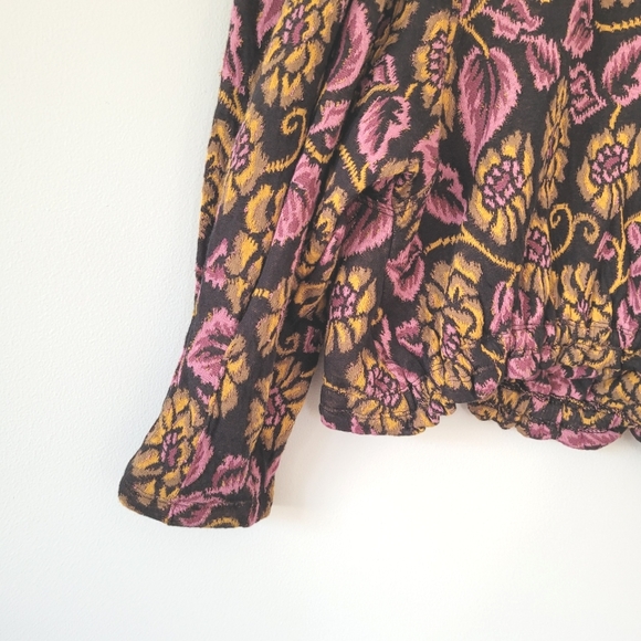 FREE PEOPLE Floral Purple & Yellow Open Back Boat Neck Puff Sleeve Cotton Top - Picture 5 of 15